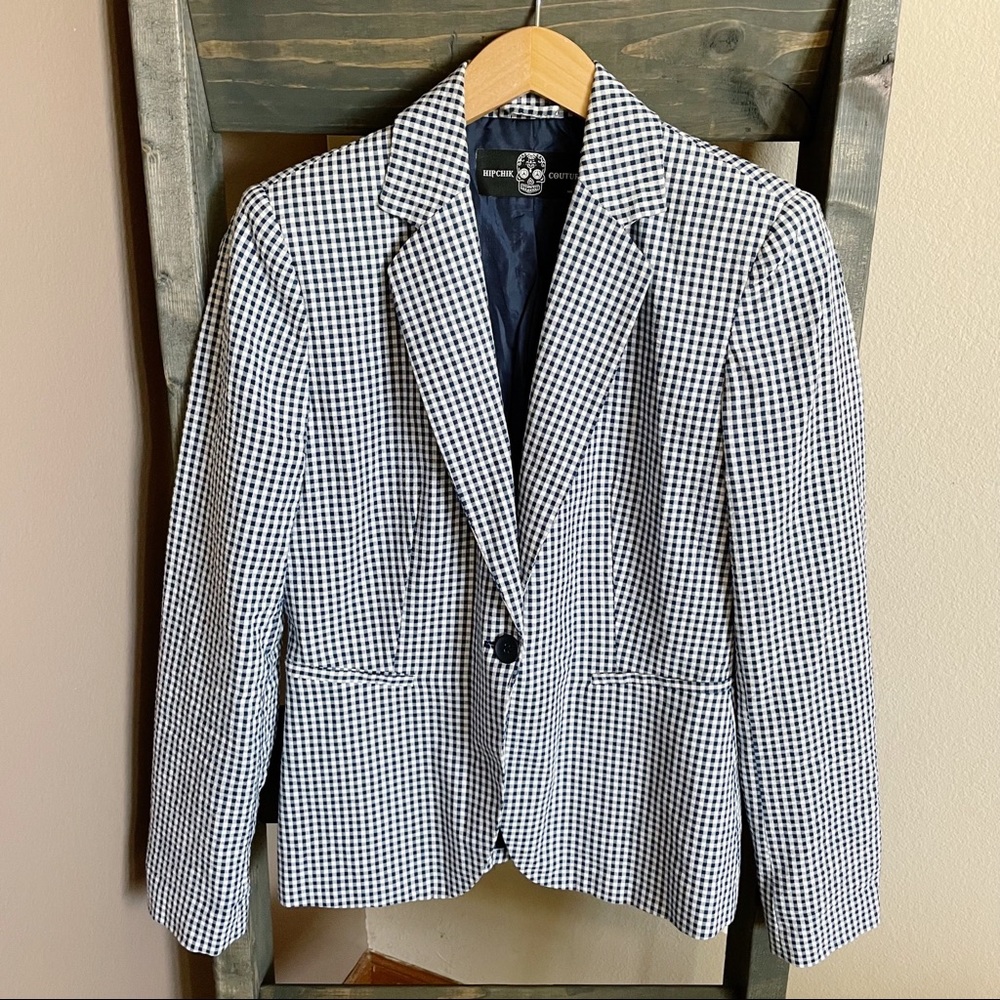 HIPCHIK COUTURE Gingham Glitter Butterfly Print Blazer Blue White Size 6